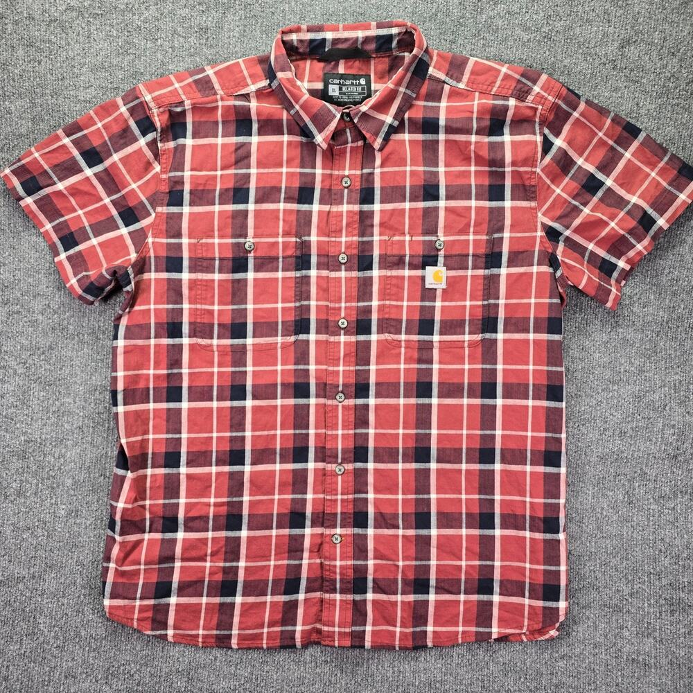 Carhartt Shirt Mens XL Red Navy Plaid Short Sleeve Work Pocket Button Up Relaxed